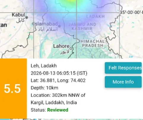 लद्दाख: लेह में 5.5 तीव्रता के भूकंप से कांपी धरती, ज़मीन से 10 किमी नीचे था केंद्र