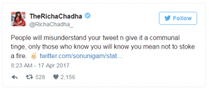 RichaChadha supports Sonu Nigam