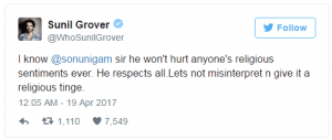 Sunil grover supports Sonu Nigam
